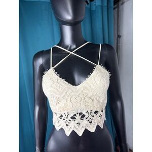 Willow Root Lace Bralette Top XS Cross Back Strappy Floral Crochet Beige